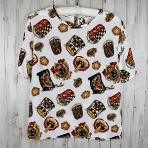 Vintage white royal lion crest short sleeve blouse shirt top sz medium academia
